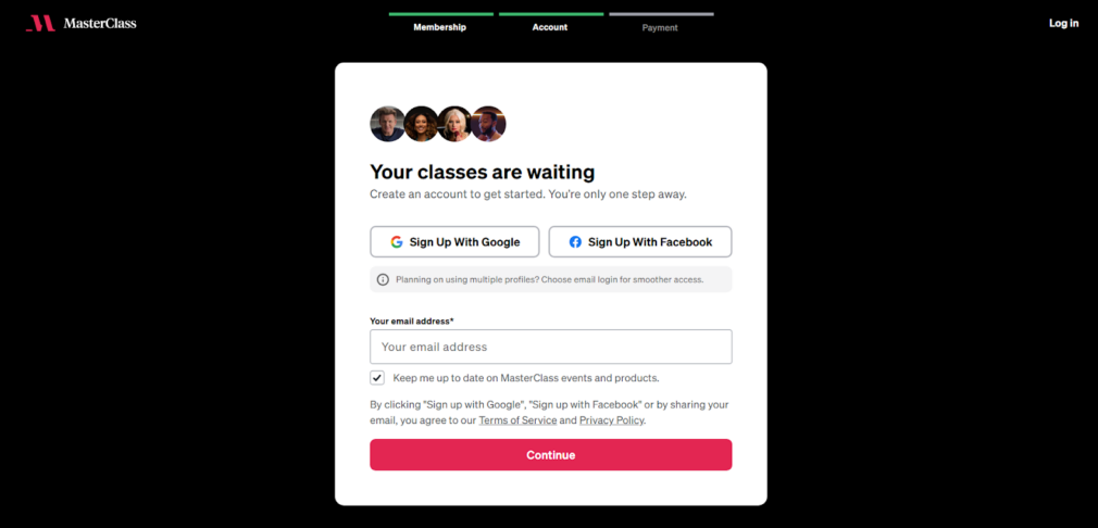 Masterclass create account page